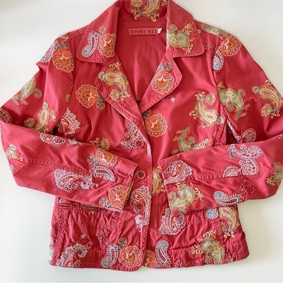 Johnny Was Paisley Floral Embroidered Twill Cotton Jacket Red Orange Medium - Picture 7 of 14